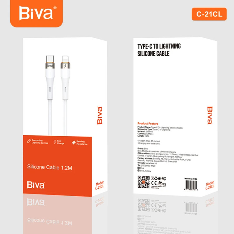 کابل شارژ تایپc به لایتنینگ تماما مس با روکش سیلیکون از برند Biva C-21CL اصلی
