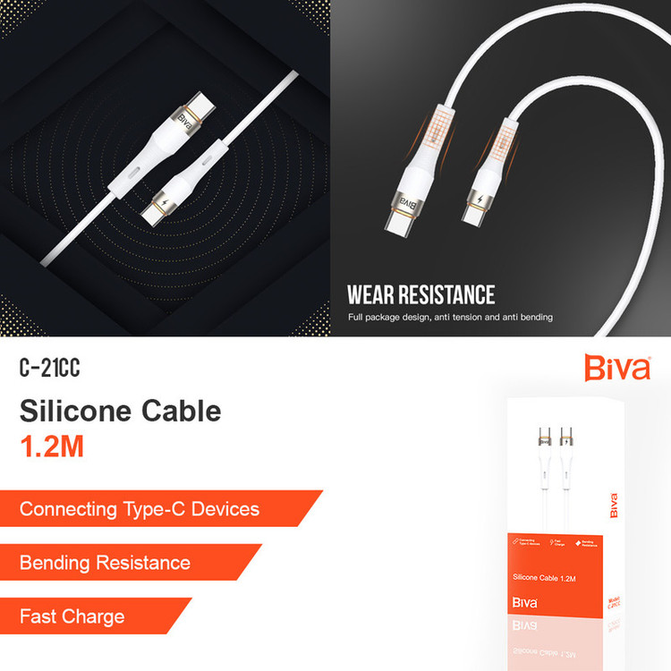 کابل شارژ فست ساپورت دو سر تایپCتماما مس با روکش سیلیکونی Biva c-21cc